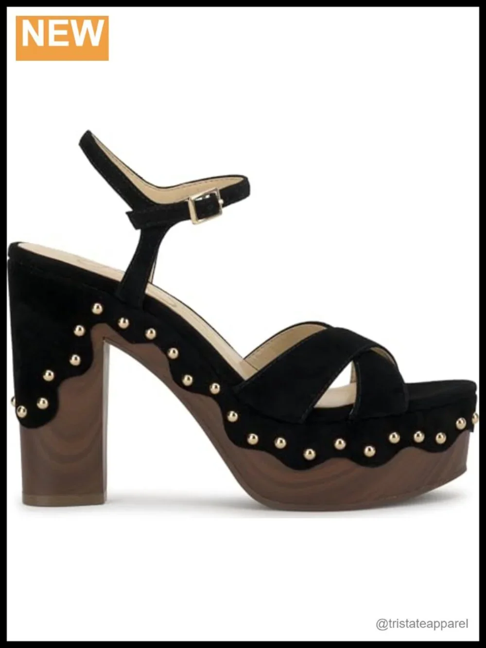 Block Heel Platform Sandals Leather Studded Ankle Strap Peep Toe